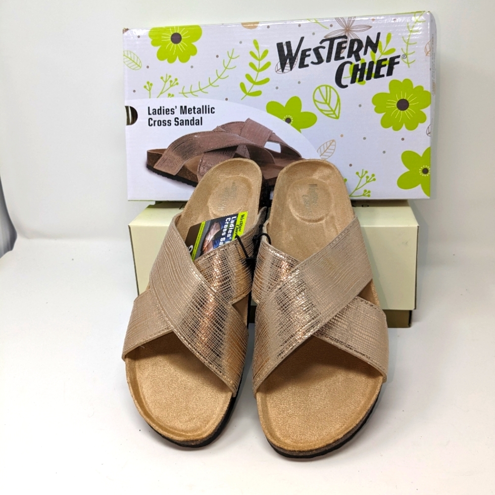 WESTERN CHIEF GOLD WOMEN'S SANDALS METALLIC CROSS SANDAL New in Box
